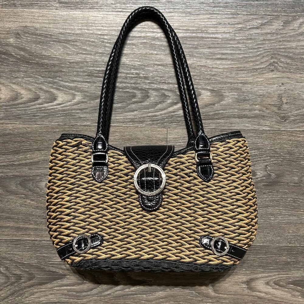 Brighton Debbie Black Tan Woven Leather Shoulder Bag Braided Handles Preppy